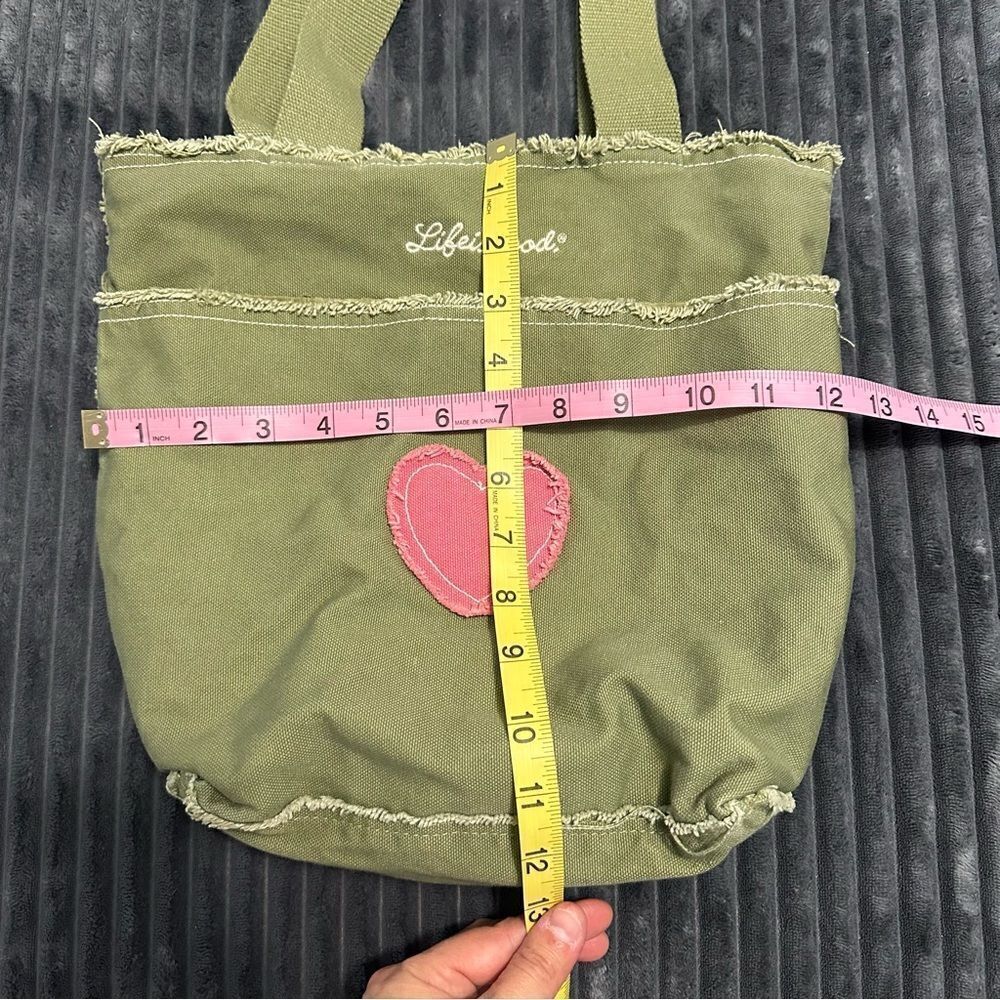 Life is Good Canvas Tote Bag Frayed Edge w/ Heart Green - Picture 3 of 8